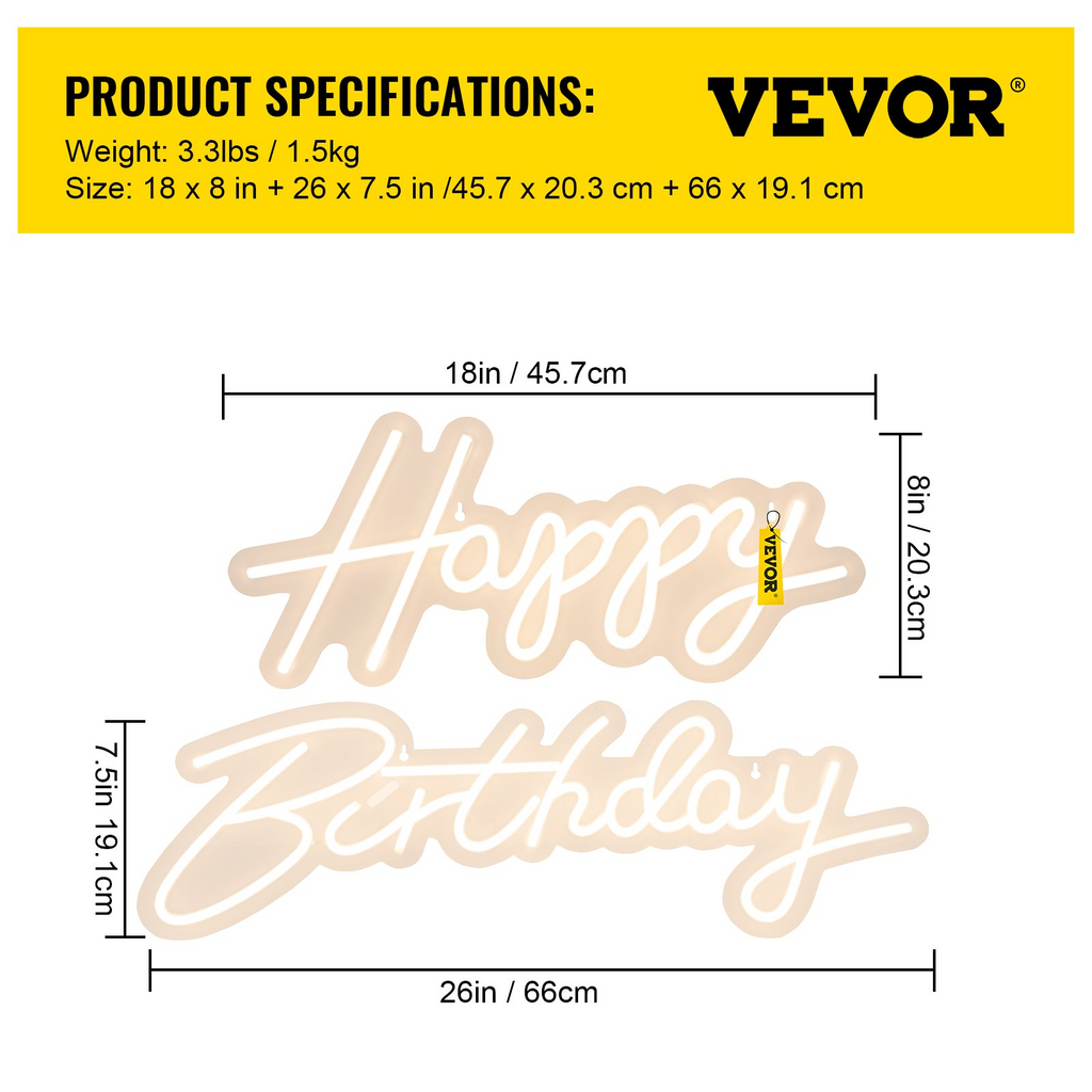 Letrero de neón de feliz cumpleaños de VEVOR 18" x 8" y 26" x 7,5"