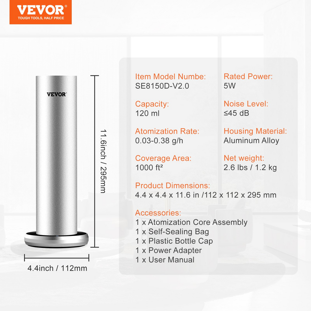 VEVOR Difusor de aire frío inteligente con Bluetooth de 120 ml sin agua de 1000 pies cuadrados