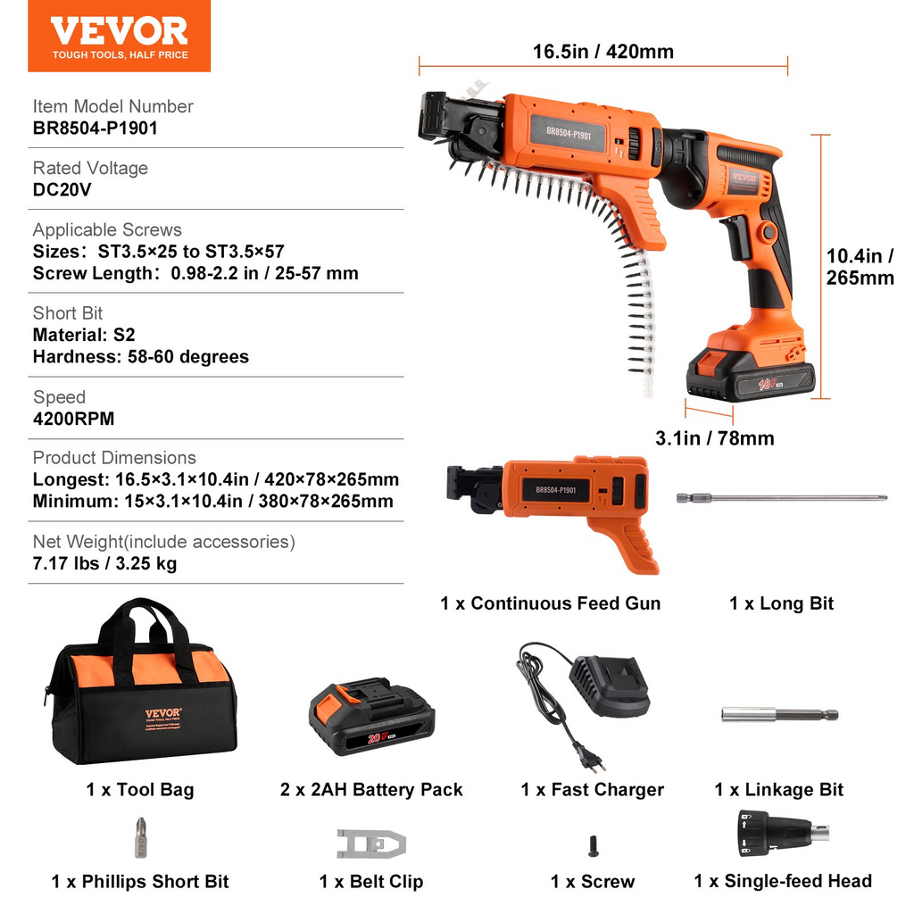 Pistola atornilladora para paneles de yeso con alimentación automática 20 V máx 4200 RPM