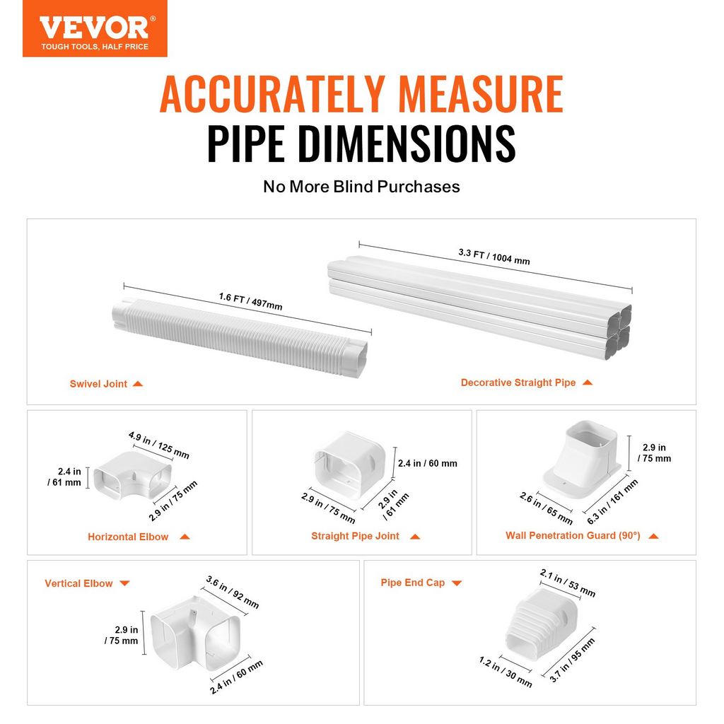 VEVOR cubierta de PVC para miniconductos de 3 pulgadas x 15,8 pies incluye 4 conductos rectos y componentes completos pintable para bombas de calor color blanco