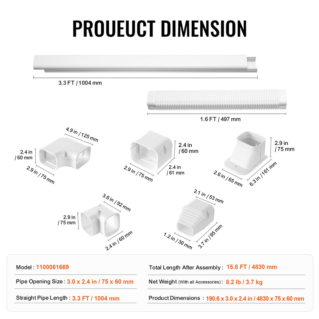 VEVOR cubierta de PVC para miniconductos de 3 pulgadas x 15,8 pies incluye 4 conductos rectos y componentes completos pintable para bombas de calor color blanco