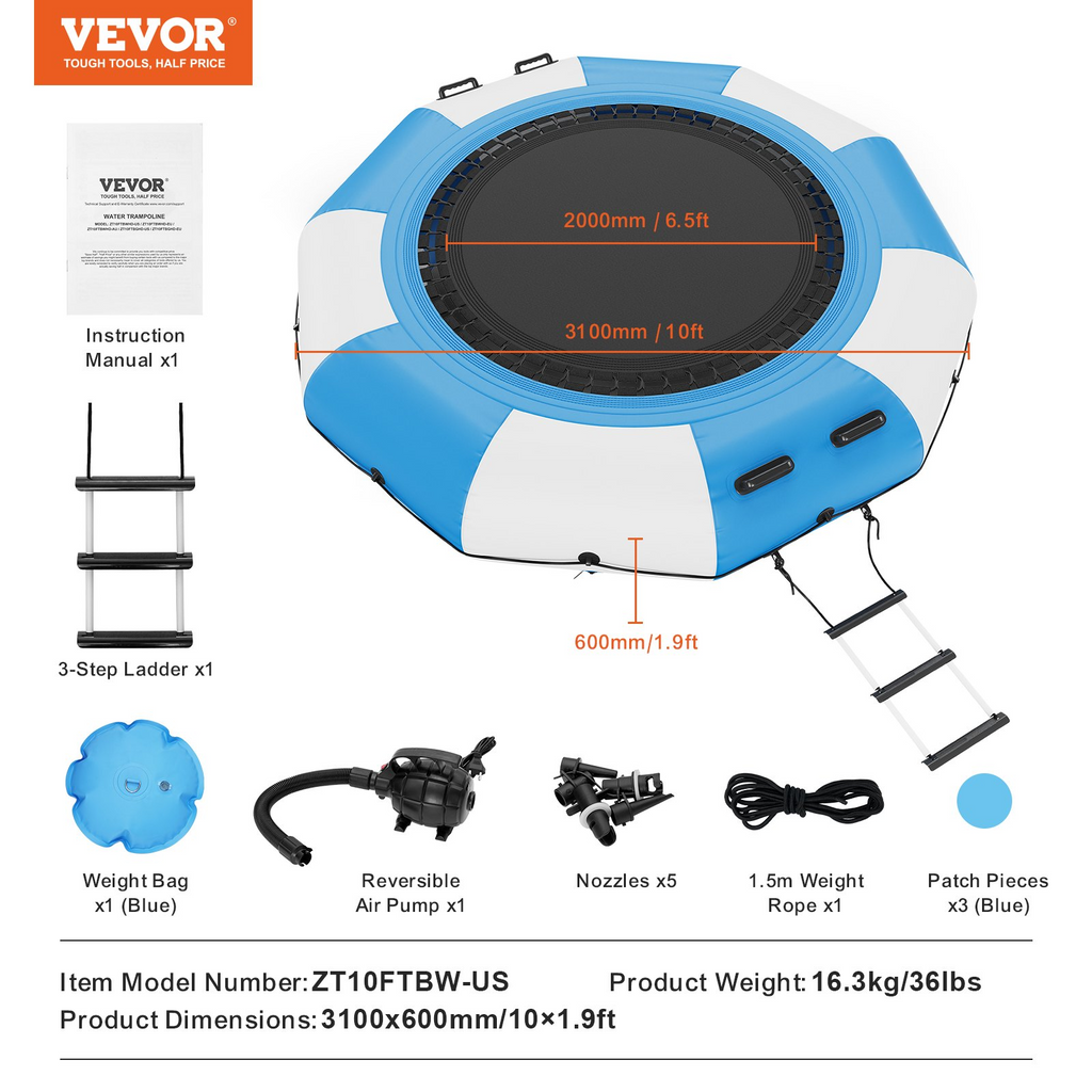 VEVOR - Trampolín acuático inflable de 10 pies para uso recreativo