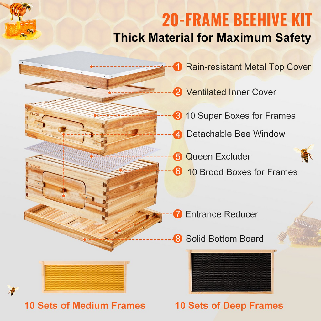 Kit de inicio de 20 colmenas de abejas con marco de madera de cedro recubierta de cera de abejas