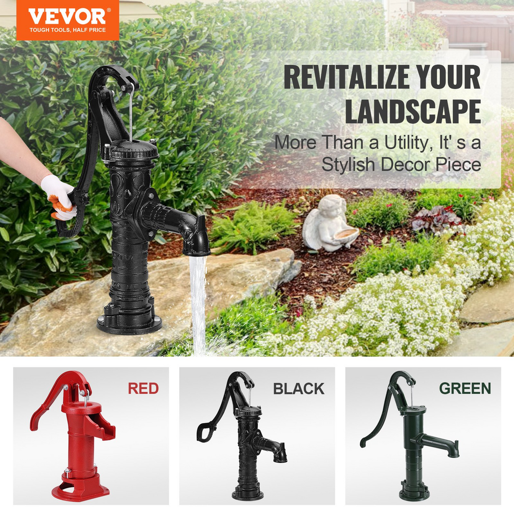 VEVOR Antique Hand Water Pump 14.6 x 5.9 x 25.6 inch Pitcher Pump w/Handle Cast Iron Well Pump w/ Pre-set 0.5" Holes for Easy Installation Old Fashion Pitcher Hand Pump for Yard Ponds Garden Black