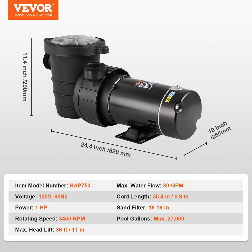 Bomba para piscinas elevadas VEVOR 1 HP caudal máximo de 80 GPM 120 V, 3450 RPM elevación máxima de 36 pies