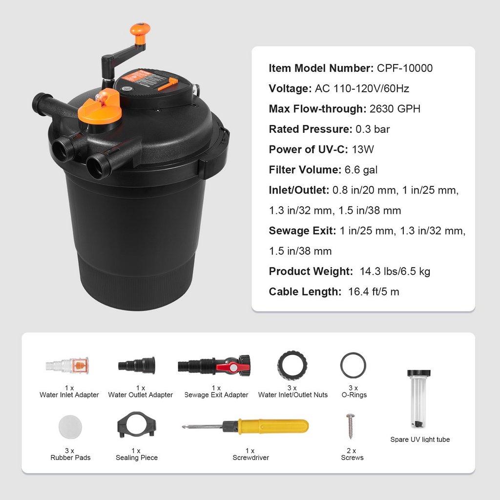 Filtro de estanque de presión biológica hasta 3200 galones con luz UV-C de 13 W 2630 GPH