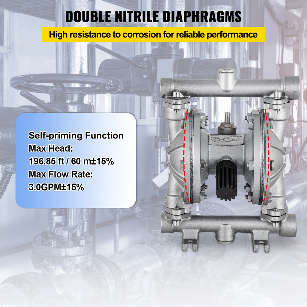 Bomba de diafragma doble operada por aire VEVOR, entrada y salida de 1/2 pulg., cuerpo de acero inoxidable, 8,8 GPM y máx. 120 PSI, bomba de transferencia neumática con diafragma de PTFE para petróleo, diésel