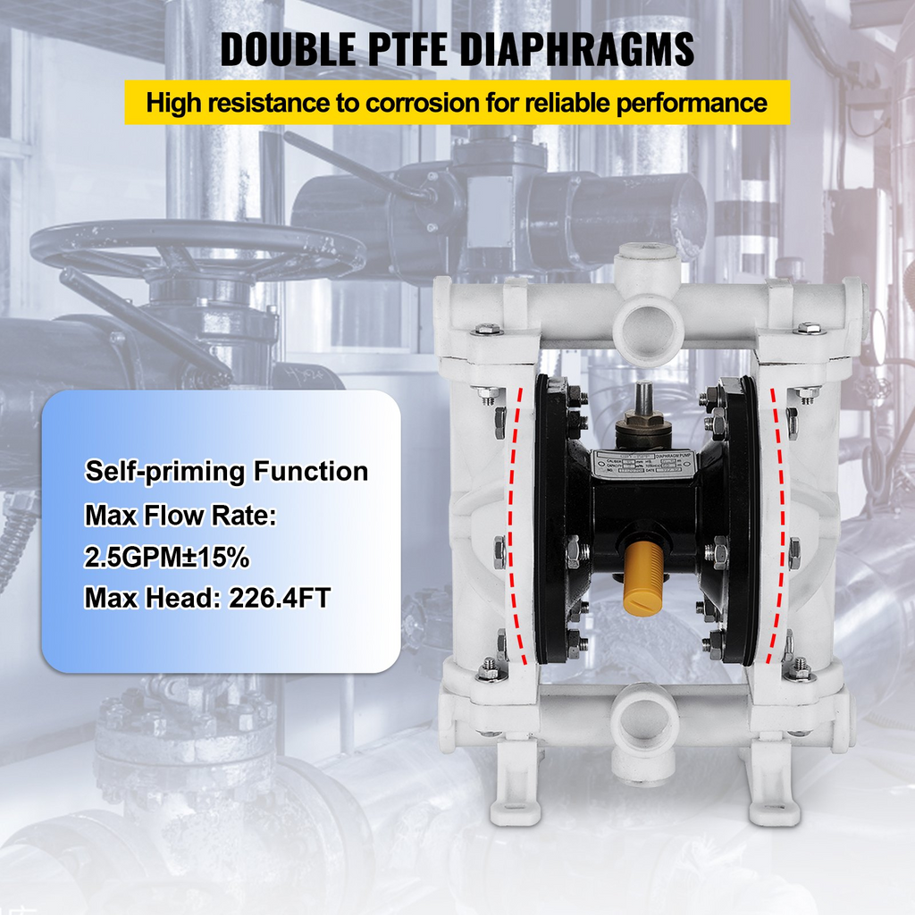 Bomba de diafragma doble operada por aire VEVOR, entrada y salida de 1/2 pulg., cuerpo de polipropileno, 13,2 GPM y máx. 120 PSI, bomba de transferencia neumática con diafragma de PTFE para petróleo, diésel,