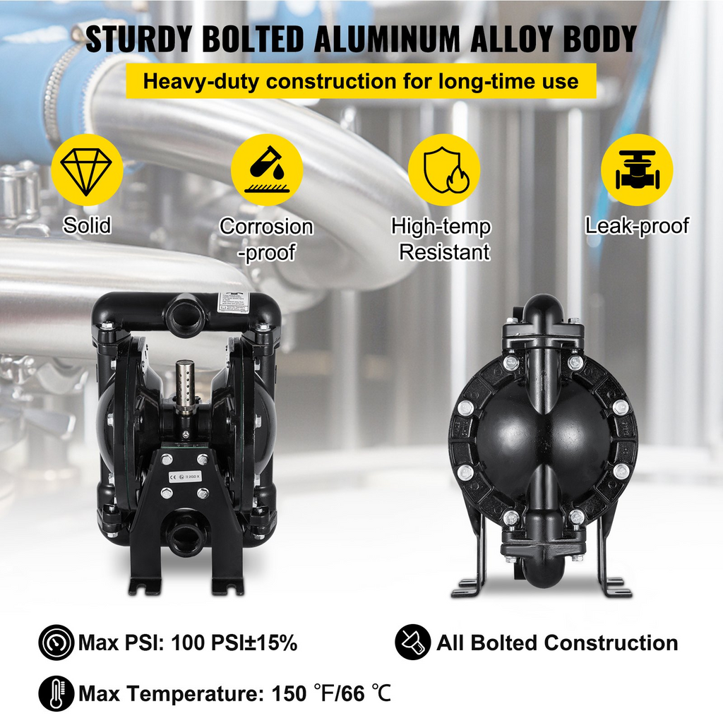 Bomba de diafragma doble accionada por aire VEVOR, entrada y salida de 1 pulgada, aluminio, 35 GPM, máx. 120 PSI, para uso industrial, QBY4-25LF46-1inch-35