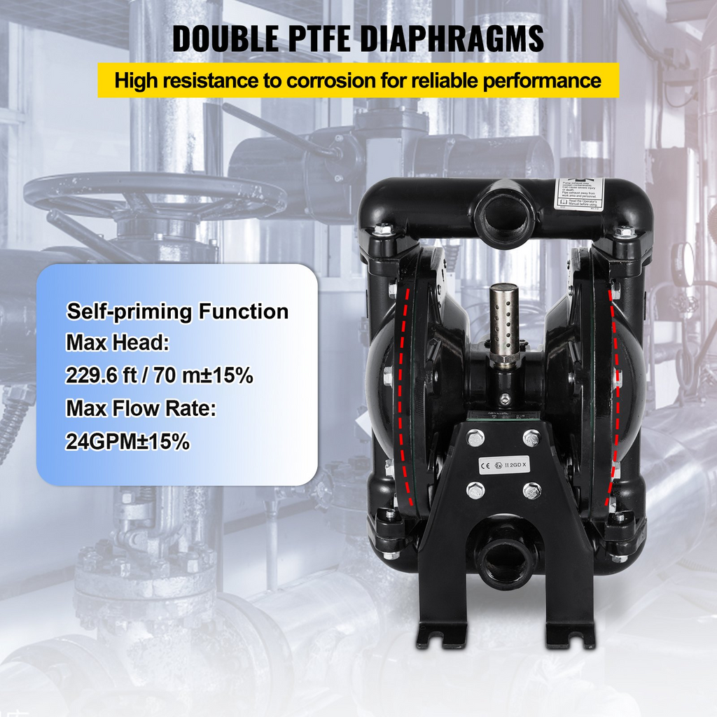 Bomba de diafragma doble accionada por aire VEVOR, entrada y salida de 1 pulgada, aluminio, 35 GPM, máx. 120 PSI, para uso industrial, QBY4-25LF46-1inch-35