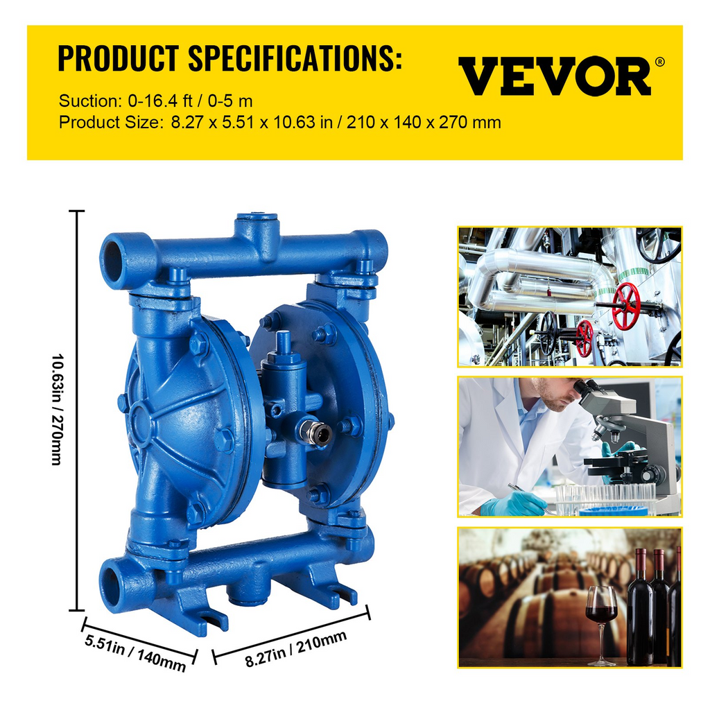 Bomba de diafragma doble operada por aire VEVOR, entrada y salida de 1/2 pulg., cuerpo de hierro fundido, 3 GPM y máx. 90 PSI, bomba de transferencia neumática con diafragma de nitrilo para petróleo, diésel, aceite y fluidos de baja viscosidad