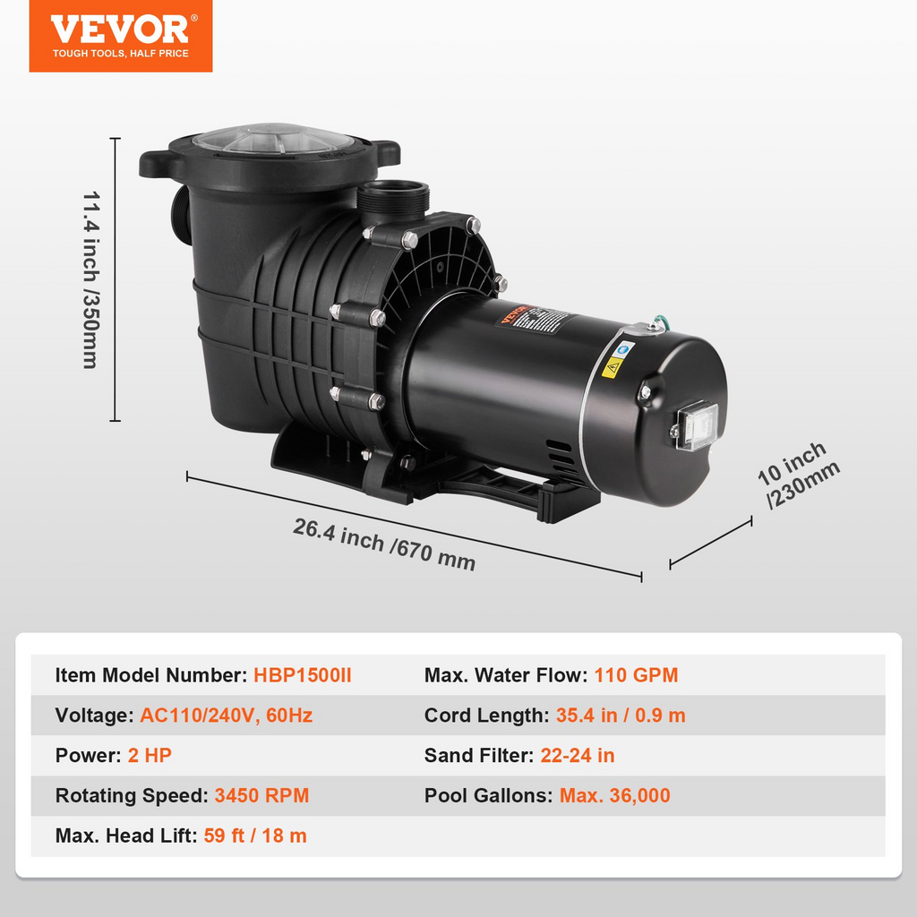 Bomba para piscina elevada VEVOR 2 HP caudal máximo de 110 GPM 110 V/240 V, 3450 RPM altura máxima de 59 pies