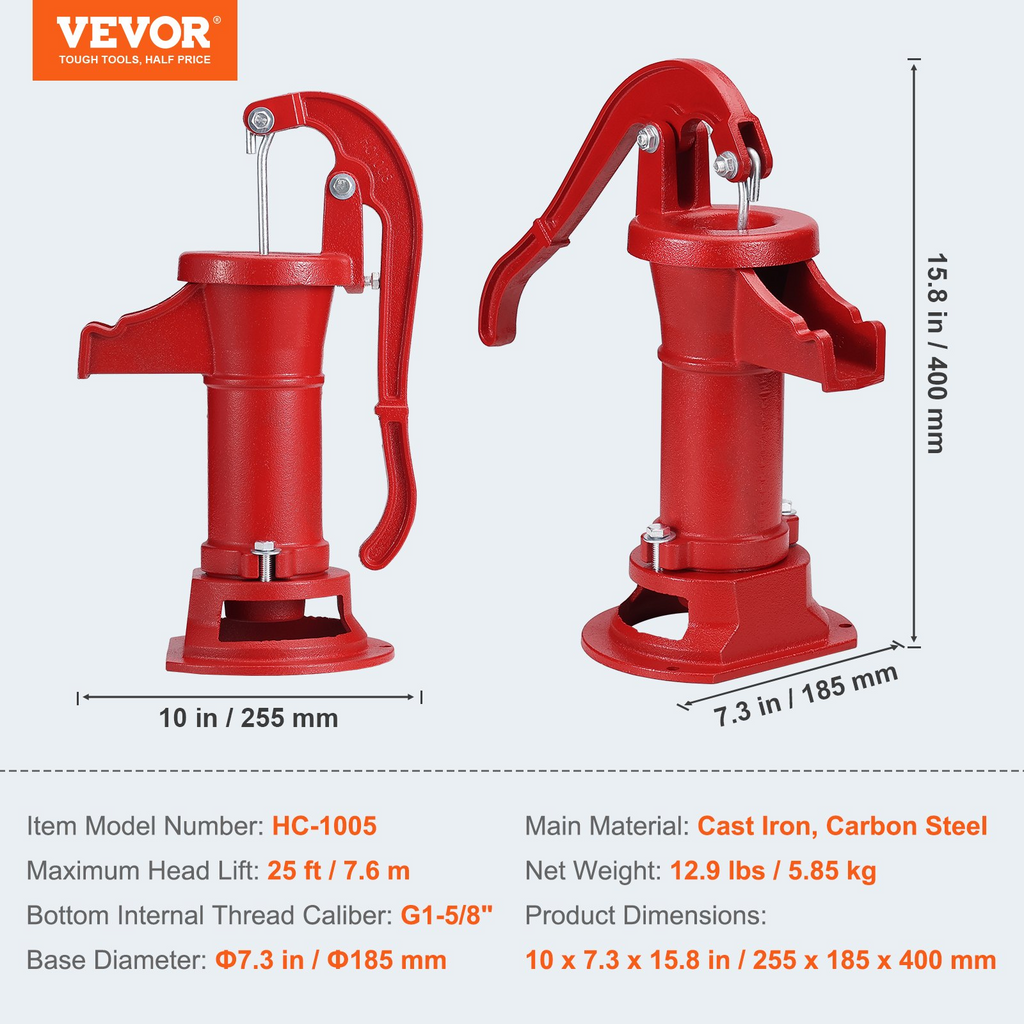 VEVOR Antique Well Hand Pitcher Pump, 25 ft Maximum Lift, Cast Iron Manual Hand Water Pump with Ergonomic Handle G1-5/8" Easy Installation, Old Fashioned for Outdoor Home Yard Garden Pond Farm, Red