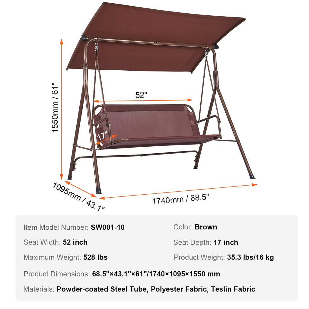 VEVOR - Columpio de exterior para 3 personas con dosel ajustable