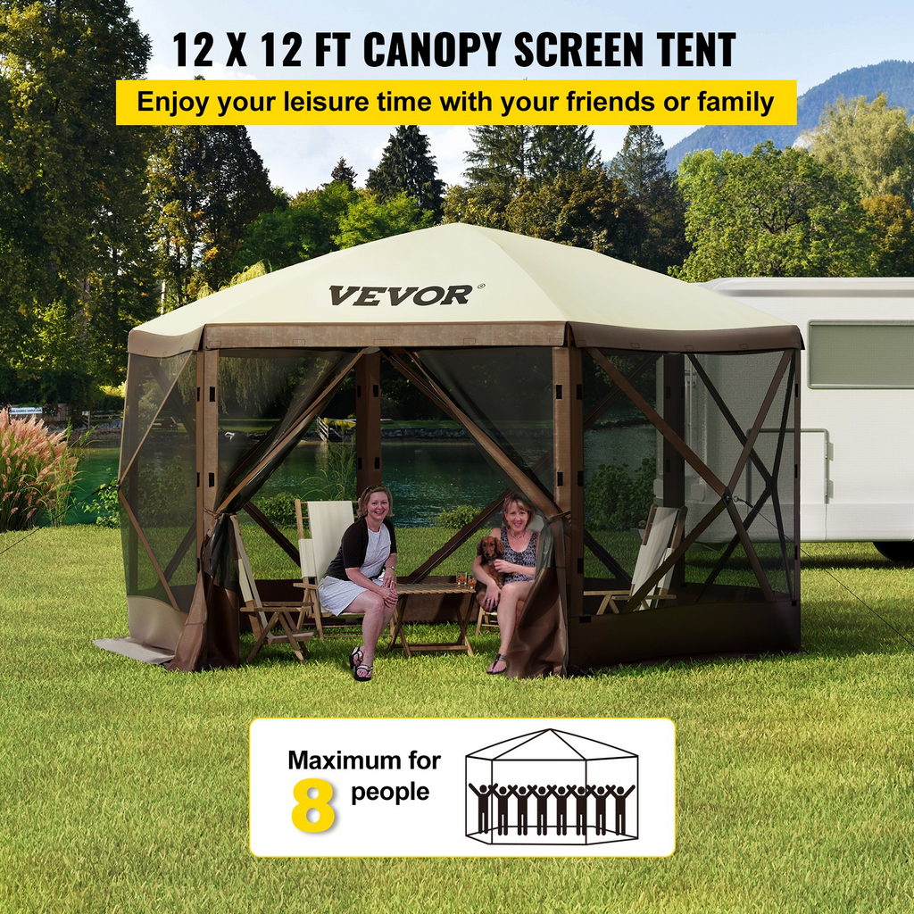 VEVOR Carpa de camping con toldo 12 x 12 pies de 6 lados con ventanas de malla