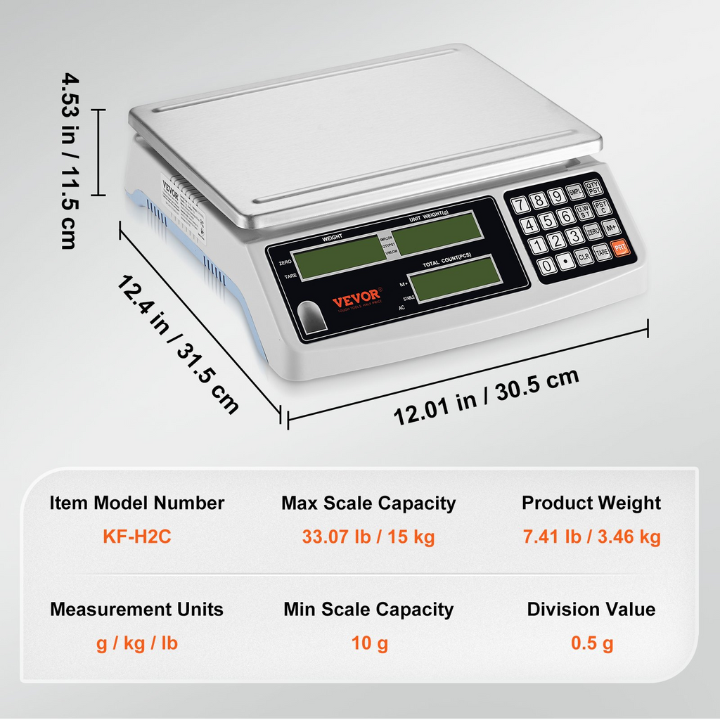 Báscula contadora industrial VEVOR 15 kg x 0,5 g para piezas y monedas unidades g/kg/lb pantallas LCD