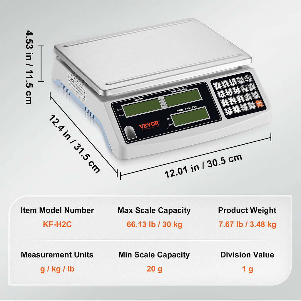 Báscula contadora industrial VEVOR 30 kg x 1 g unidades g/kg/lb 3 pantallas LCD