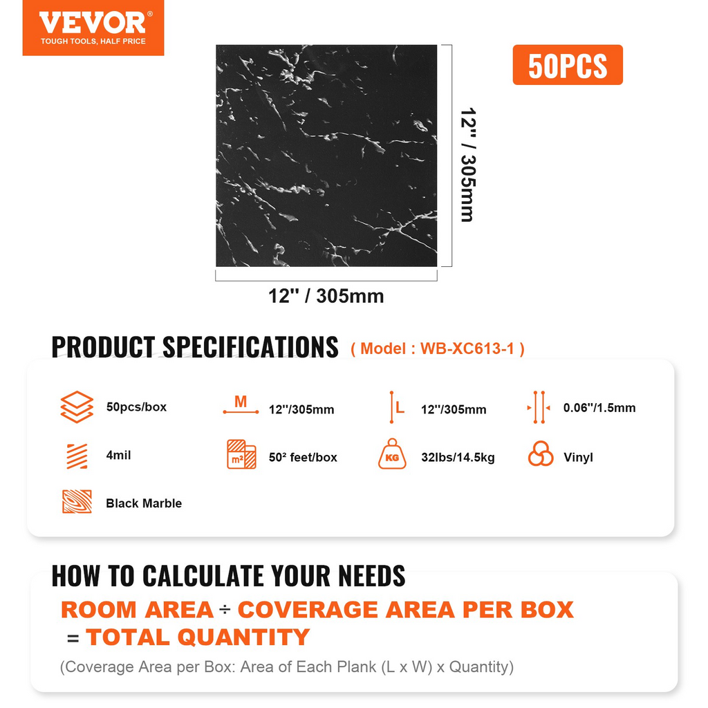 Azulejos de vinilo autoadhesivos VEVOR de 12 x 12 pulgadas 50 baldosas de 1,5 mm de grosor