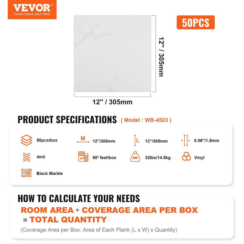 Azulejos de vinilo autoadhesivos VEVOR de 12 x 12 pulgadas 50 baldosas de 1,5 mm de grosor