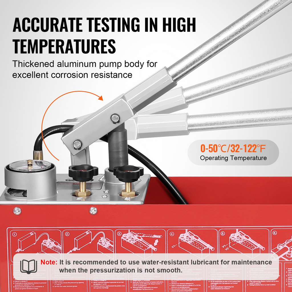 Bomba de prueba hidrostática VEVOR máx. 25 bar/362 PSI tanque de agua de 2,8 galones manguera de 4,6 pies con conector de rosca externa de 1/2 pulgada