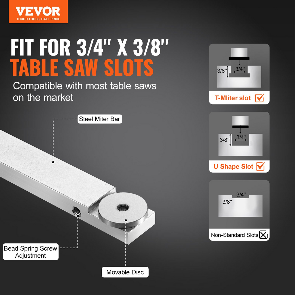 VEVOR Calibre de ingletes de precisión ranura estándar de 3/4'' x 3/8'' 18'' topes de ángulo de 15