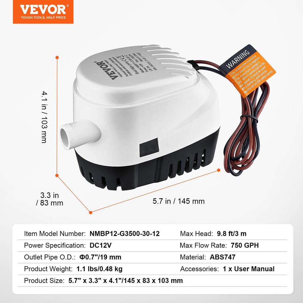 Bomba de achique VEVOR 750 GPH 12 V sumergible automática diámetro de salida de 0,7"