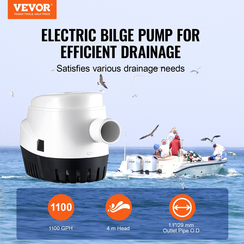 Bomba de achique VEVOR 1100 GPH 12 V sumergible automática para barcos con interruptor de flotador diámetro de salida de 1,1"