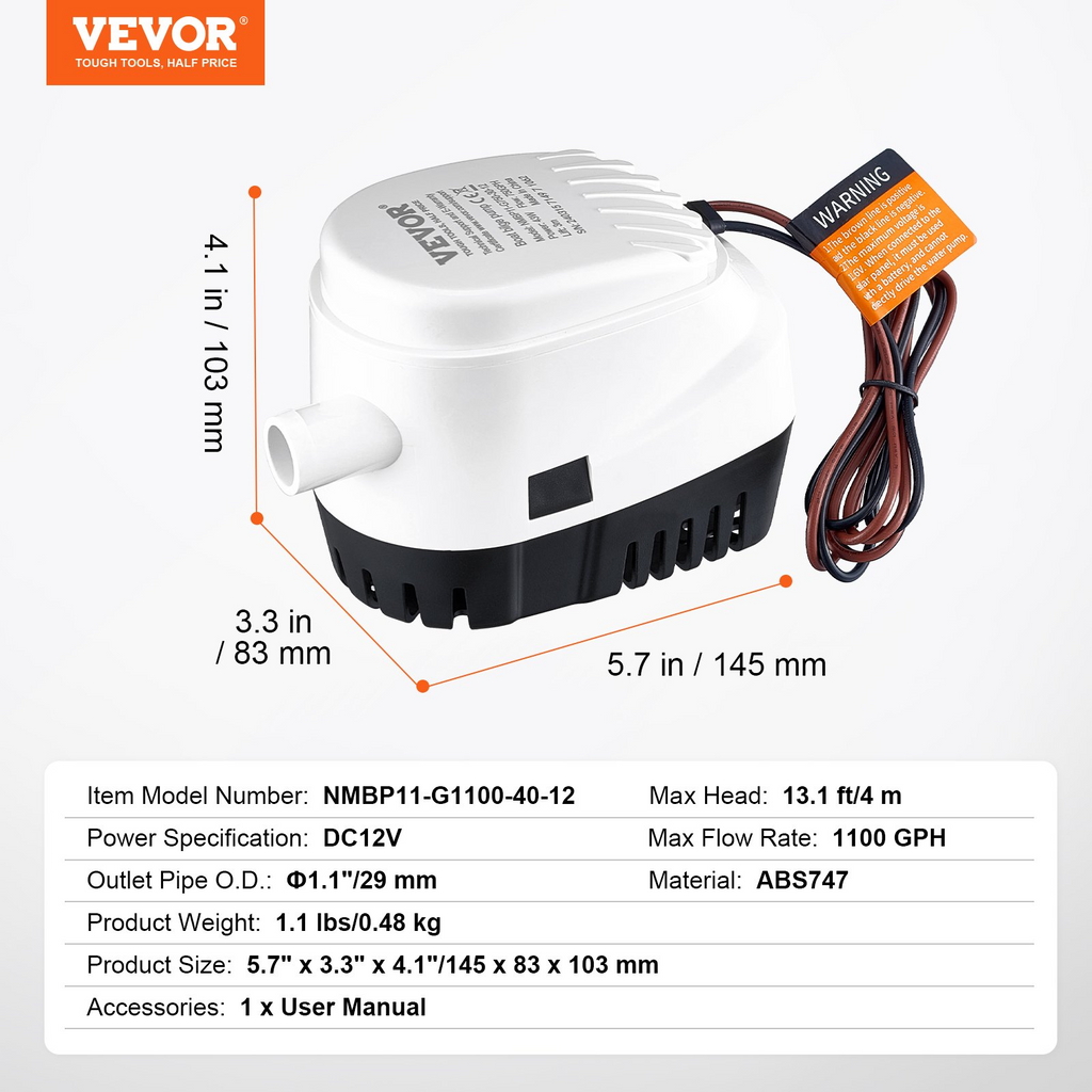 Bomba de achique VEVOR 1100 GPH 12 V sumergible automática para barcos con interruptor de flotador diámetro de salida de 1,1"