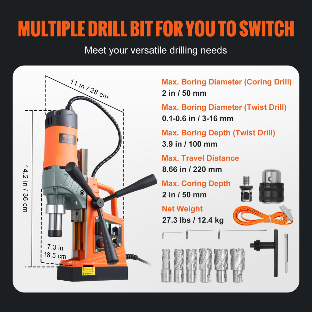 Taladro magnético VEVOR 1450 W diámetro de perforación de 2" 1280 máquina de perforación de 800 RPM