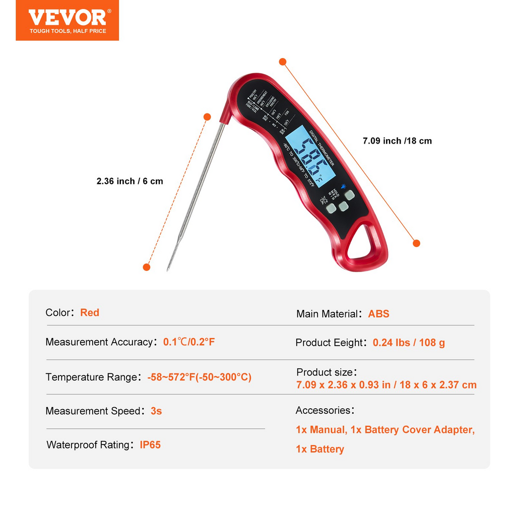 VEVOR Grillers Instant Read Meat Thermometer for Grill and Cooking, Best Waterproof Ultra Fast Thermometer with Backlight & Calibration, Digital Food Probe for Kitchen, Outdoor Grilling and BBQ