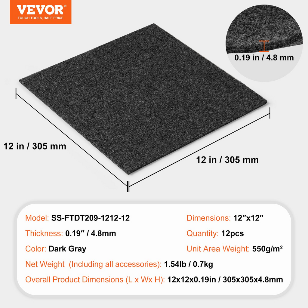 VEVOR - Losetas de alfombra autoadhesivas de 30,5 x 30,5 cm (12 losetas, gris oscuro)