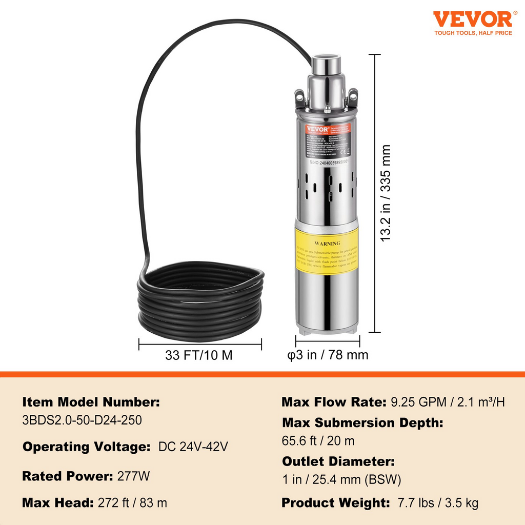 Bomba de agua solar VEVOR sumergible para pozos profundos 24 V CC 277 W caudal máximo 9.25 GPM altura máxima 272 pies inmersión máxima 65.6 pies con energía solar