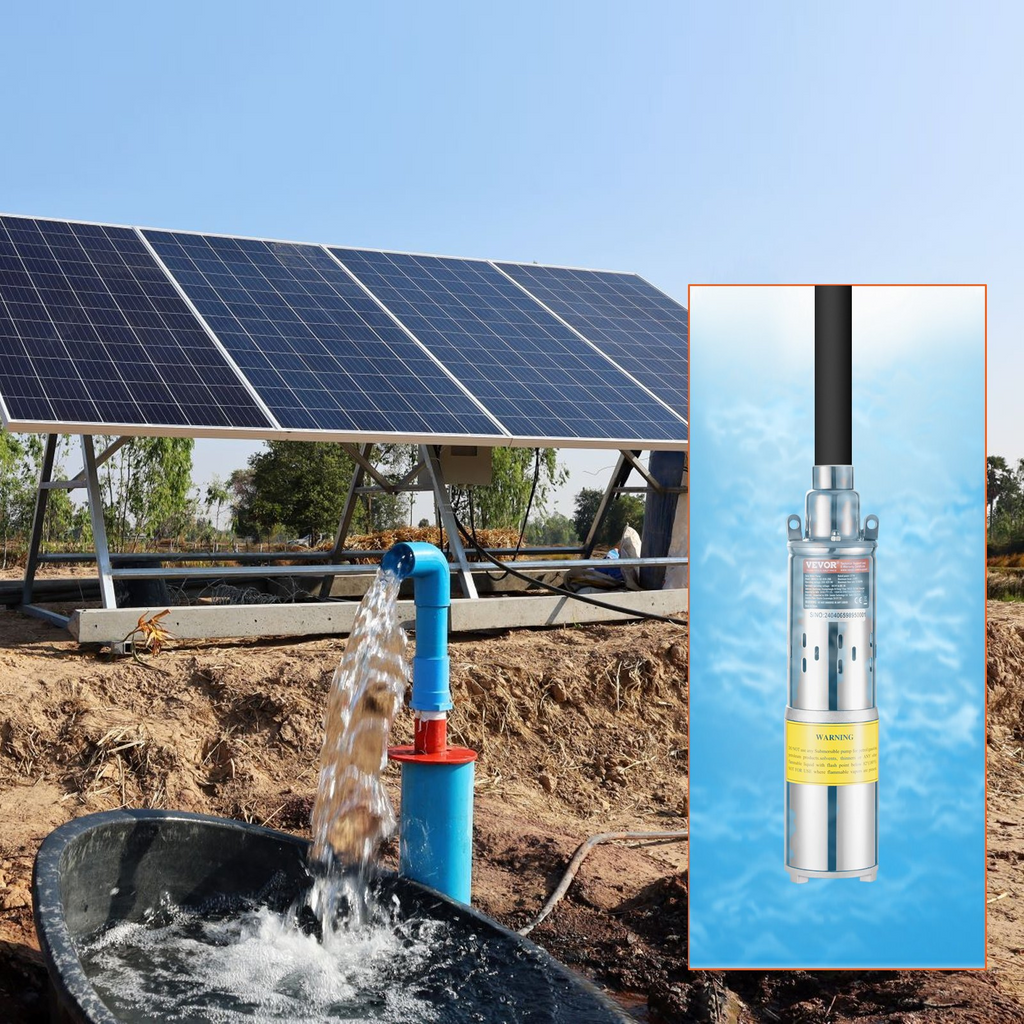 Bomba de agua solar VEVOR sumergible para pozos profundos 24 V CC 277 W caudal máximo 9.25 GPM altura máxima 272 pies inmersión máxima 65.6 pies con energía solar