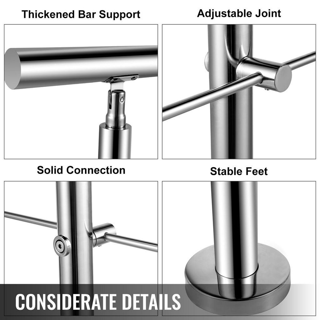 VEVOR Stainless Stair Handrail with 2 Cross Bars Hand Rails for Steps 39.4" Long 201 Stainless Steel Handrail Floor Mount Garden Handrail Easy Installation Hand Rail Outdoor for Indoor Railing