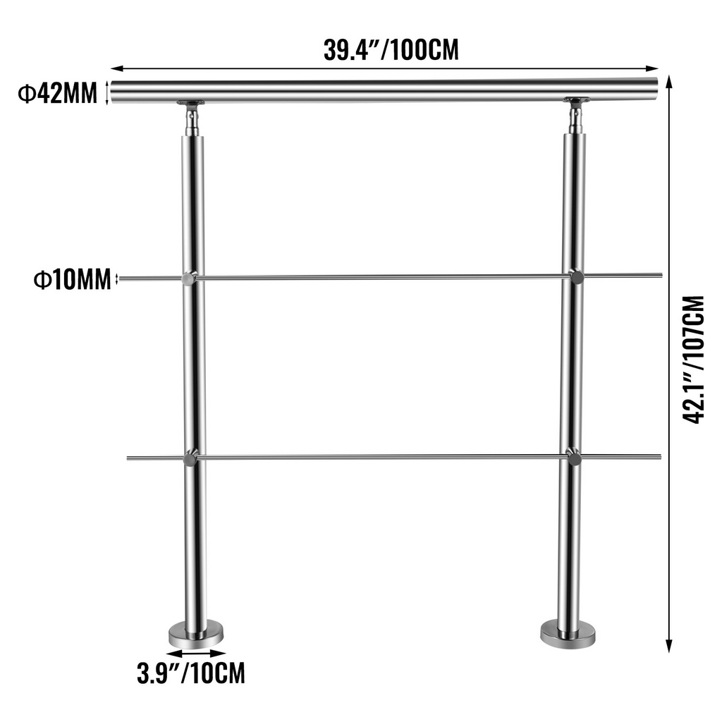 VEVOR Stainless Stair Handrail with 2 Cross Bars Hand Rails for Steps 39.4" Long 201 Stainless Steel Handrail Floor Mount Garden Handrail Easy Installation Hand Rail Outdoor for Indoor Railing