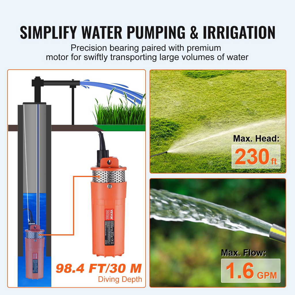 Bomba de agua solar VEVOR sumergible para pozos profundos 12 V CC 96 W caudal máximo 1.6 GPM altura máxima 230 pies inmersión máxima 98.4 pies