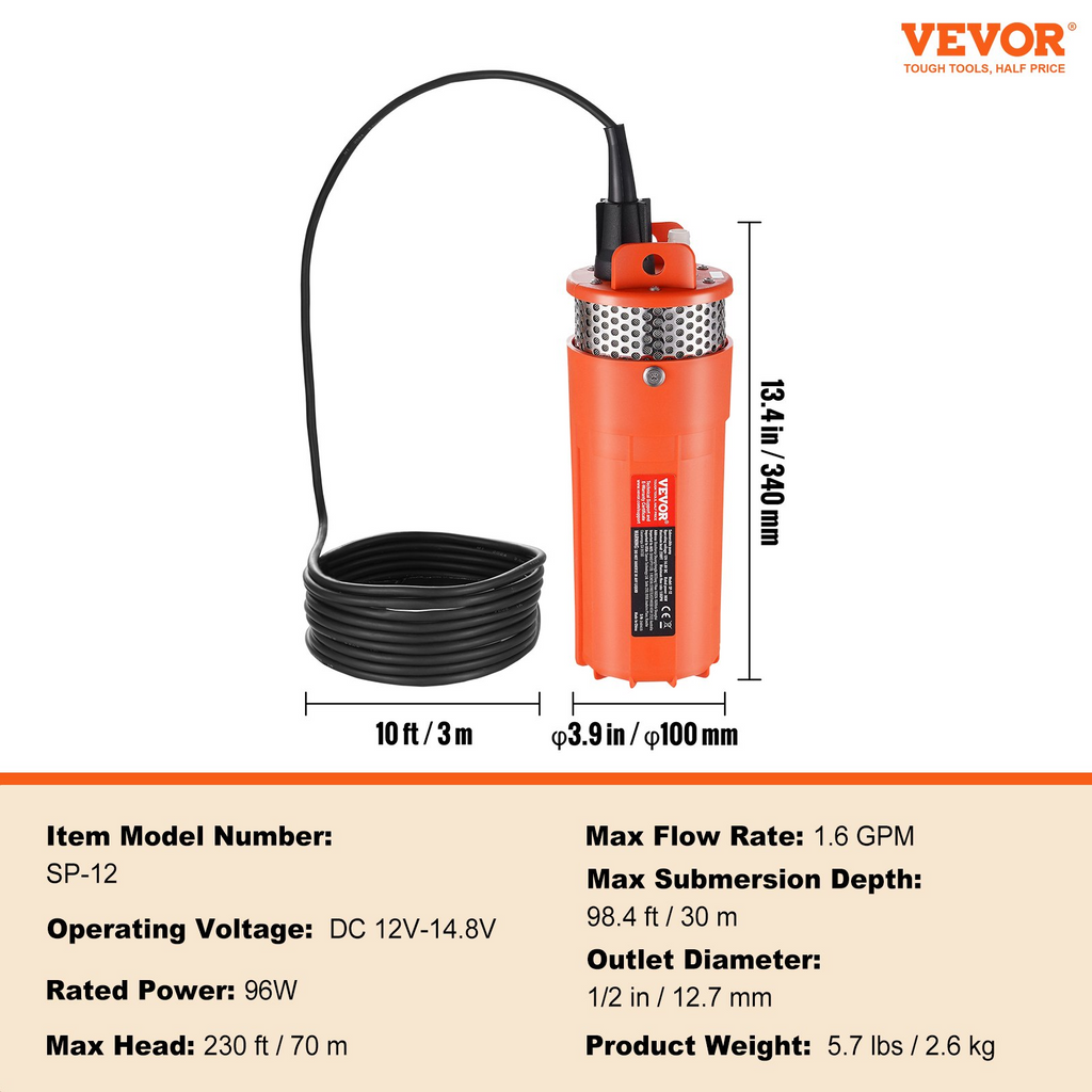 Bomba de agua solar VEVOR sumergible para pozos profundos 12 V CC 96 W caudal máximo 1.6 GPM altura máxima 230 pies inmersión máxima 98.4 pies