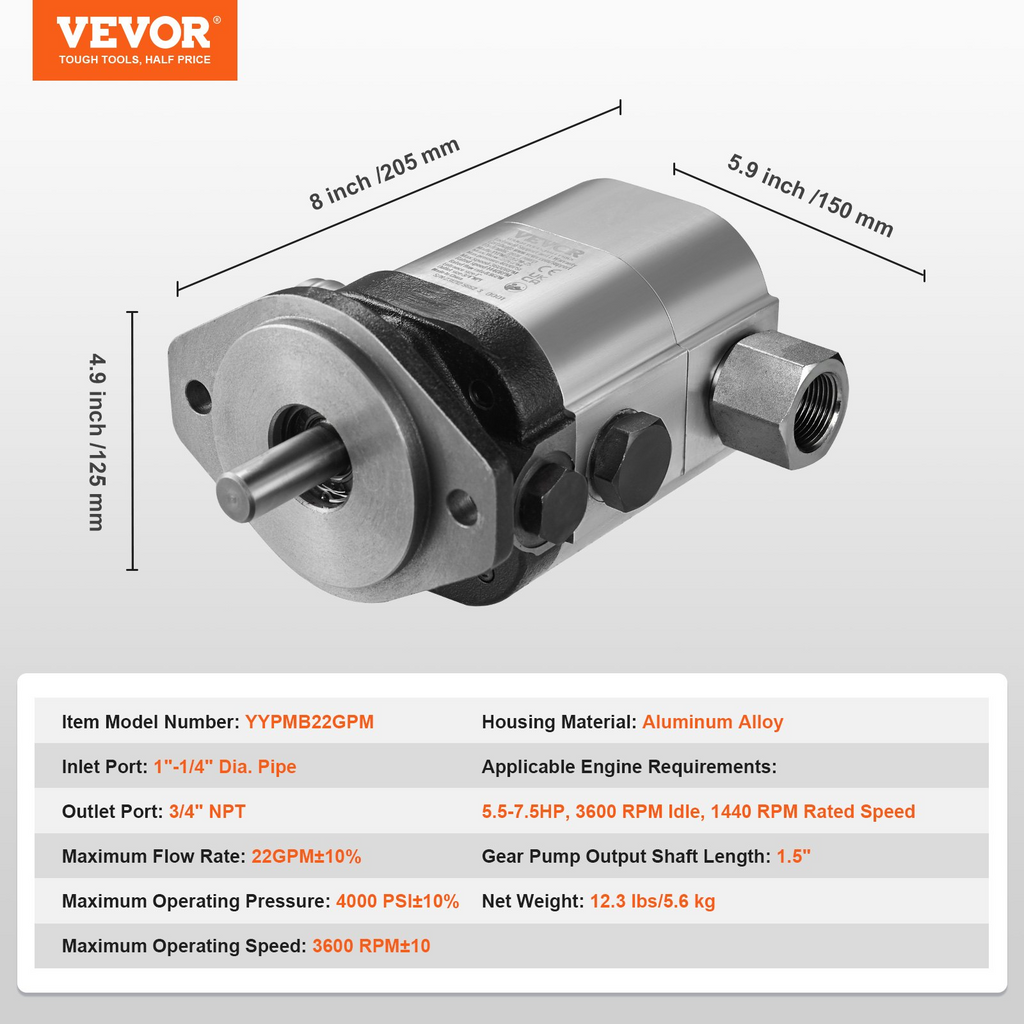 Bomba hidráulica para cortar troncos VEVOR 22 GPM 2 etapas 4000 PSI entrada de 1-1/4'' salida NPT de 3/4'' 3600 RPM