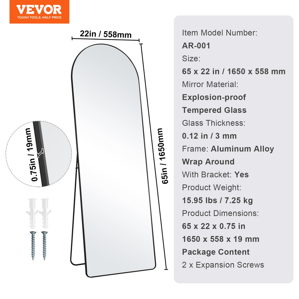 Espejo de cuerpo entero arqueado 65'' x 22'' para colgar en la pared con marco de aleación de aluminio