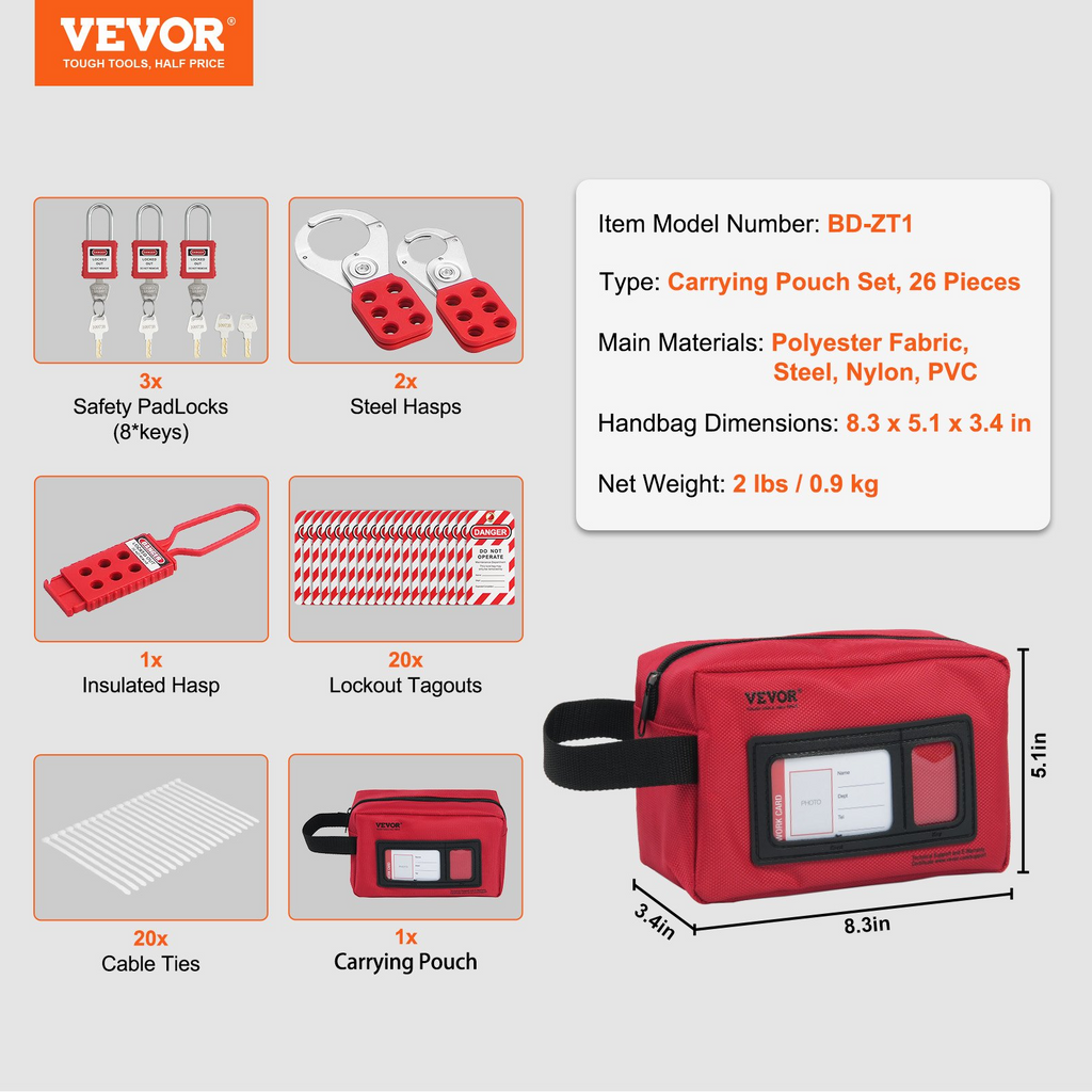 Kit de bloqueo y etiquetado eléctrico VEVOR 26 piezas que incluye candados cerrojos etiquetas bridas de nailon y bolsa de transporte