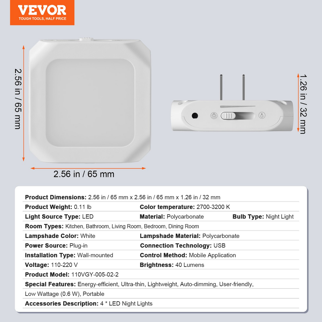 VEVOR - Luz nocturna LED paquete de 4 luces nocturnas LED enchufables 0,6 W