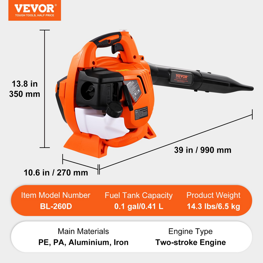 Soplador de hojas 26 CC 2 tiempos con tanque de combustible volumen de aire de 425 CFM 156 MPH