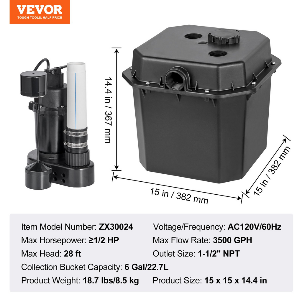 Bomba para fregadero de uso general VEVOR 1/2 HP 120 voltios flujo de 3500 GPH cabezal de 28 pies con recipiente de 6 galones salida NPT de 1-1/2"