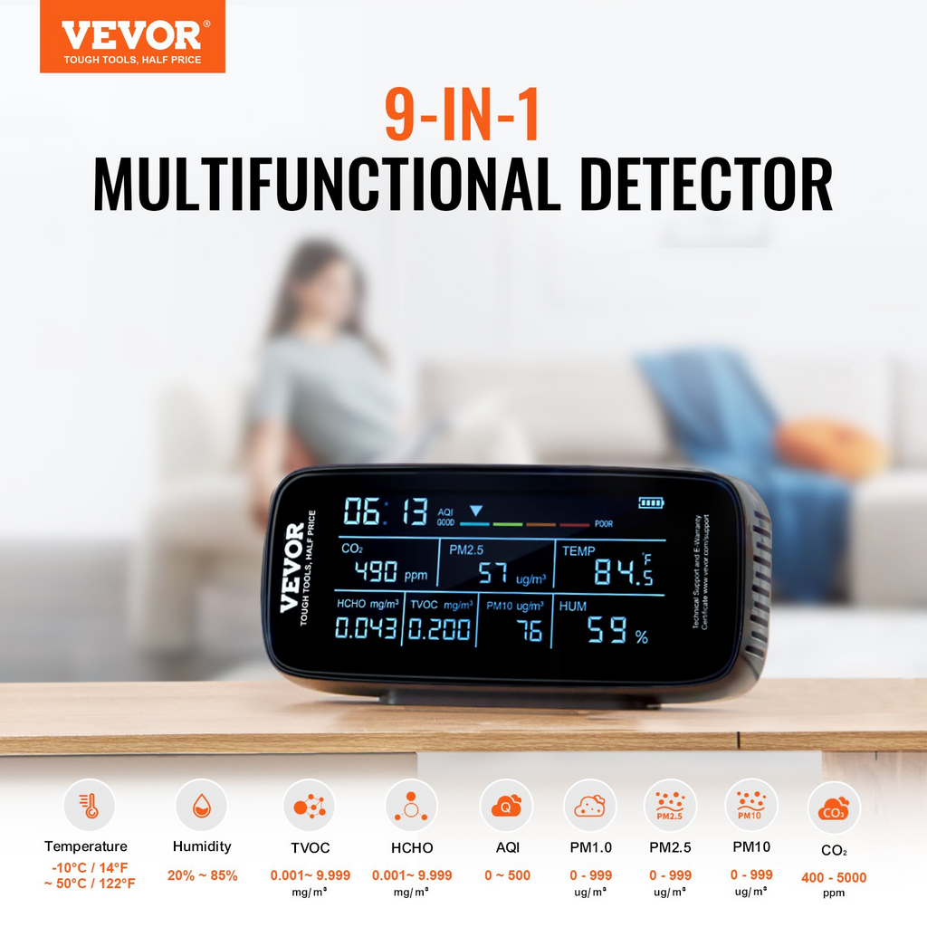 Monitor de calidad del aire VEVOR 9 en 1 medidor de CO2 temperatura humedad formaldehído TVOC AQI y partículas PM para interiores y exteriores