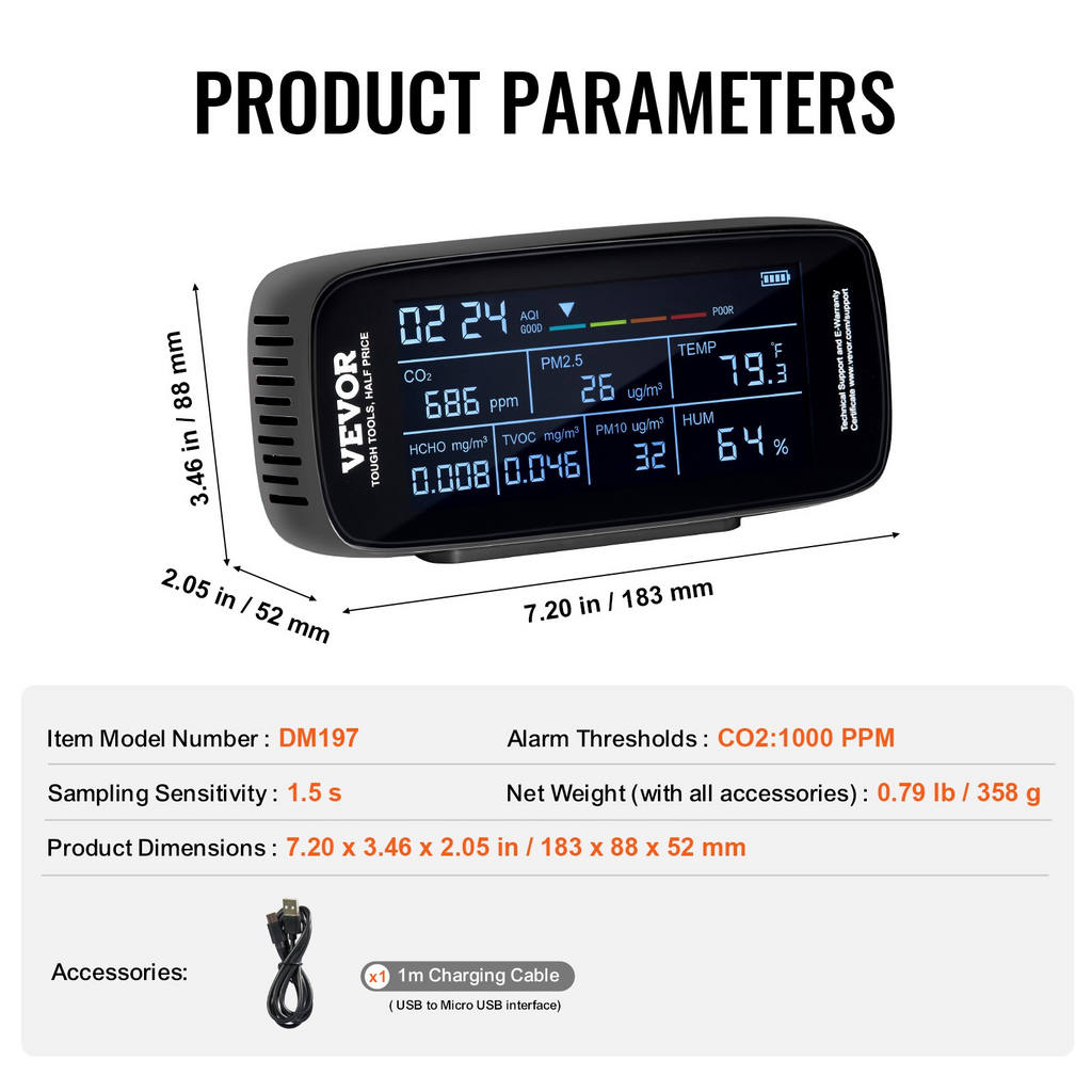 Monitor de calidad del aire VEVOR 9 en 1 medidor de CO2 temperatura humedad formaldehído TVOC AQI y partículas PM para interiores y exteriores