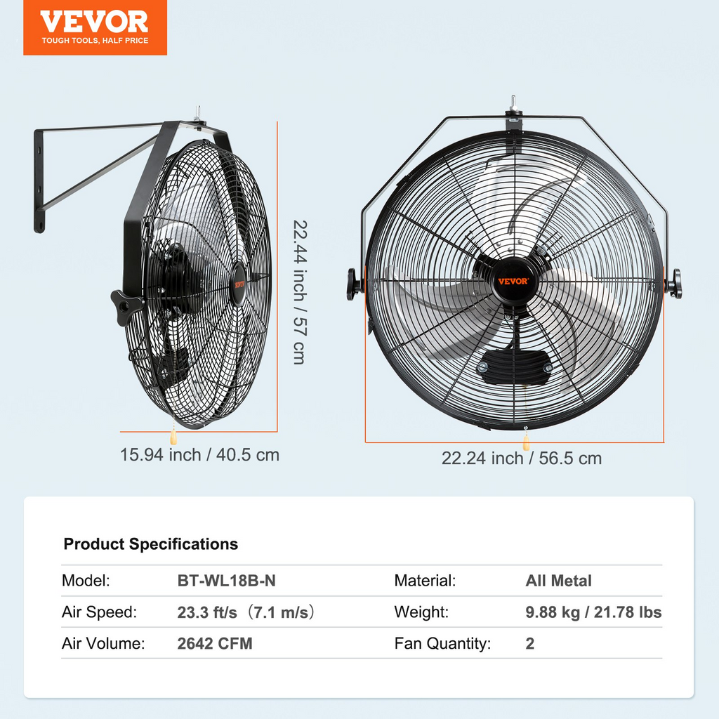 VEVOR Ventilador de pared, 2 piezas, 18 pulgadas, ajuste manual de inclinación de 360 grados, 3 velocidades, alta velocidad, máx. 4000 CFM, ventilador industrial de pared para interiores, comerciales, almacenes, talleres JH2