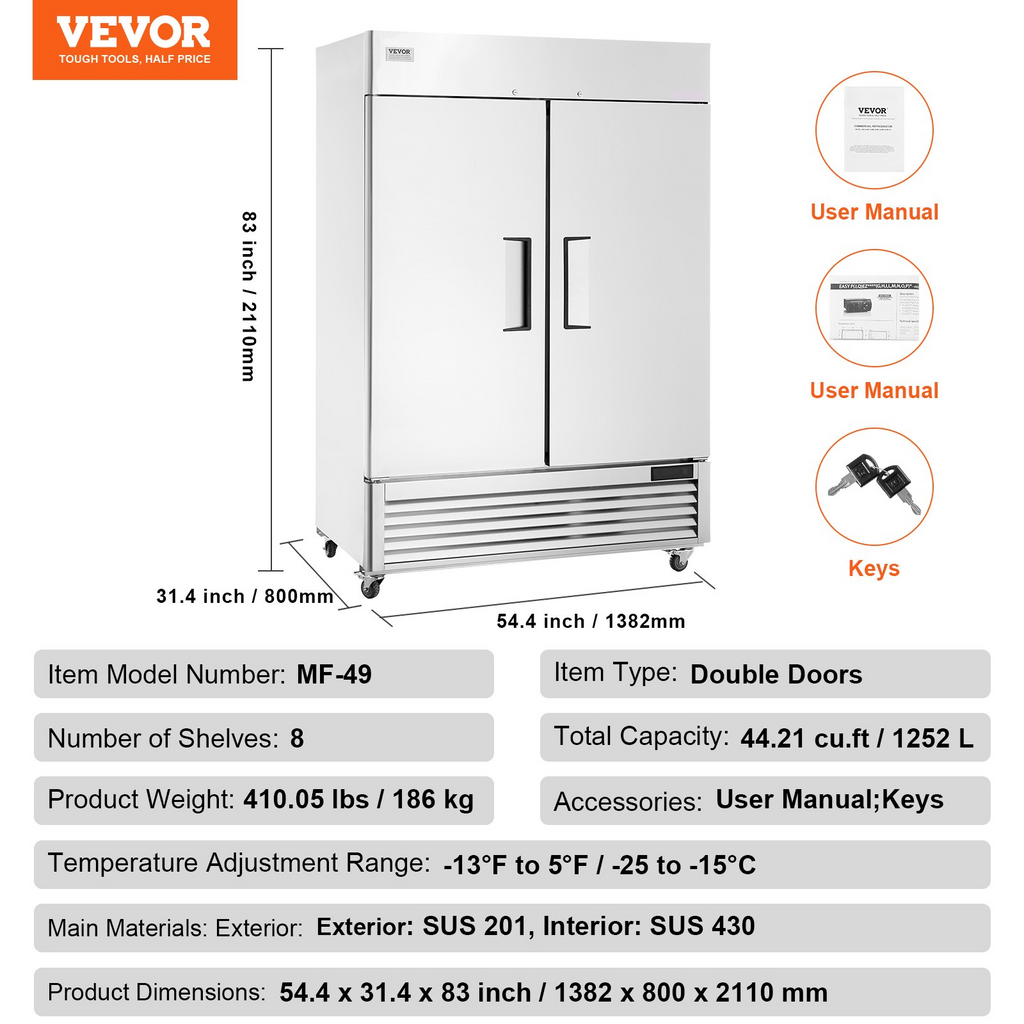 Congelador comercial VEVOR de 44,21 pies cúbicos de 54,4" de ancho con 2 puertas