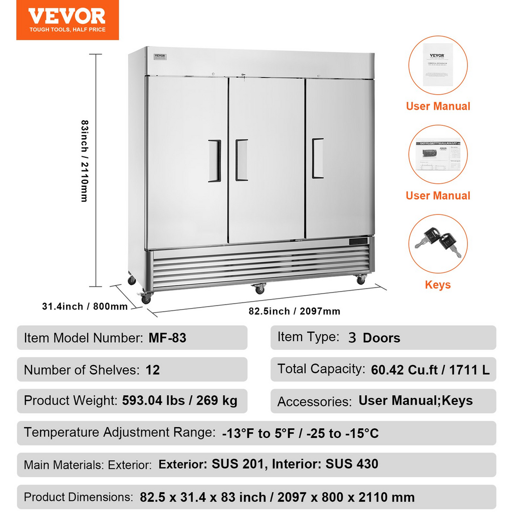 Congelador comercial VEVOR de 60,42 pies cúbicos de 82,5" de ancho con 3 puertas