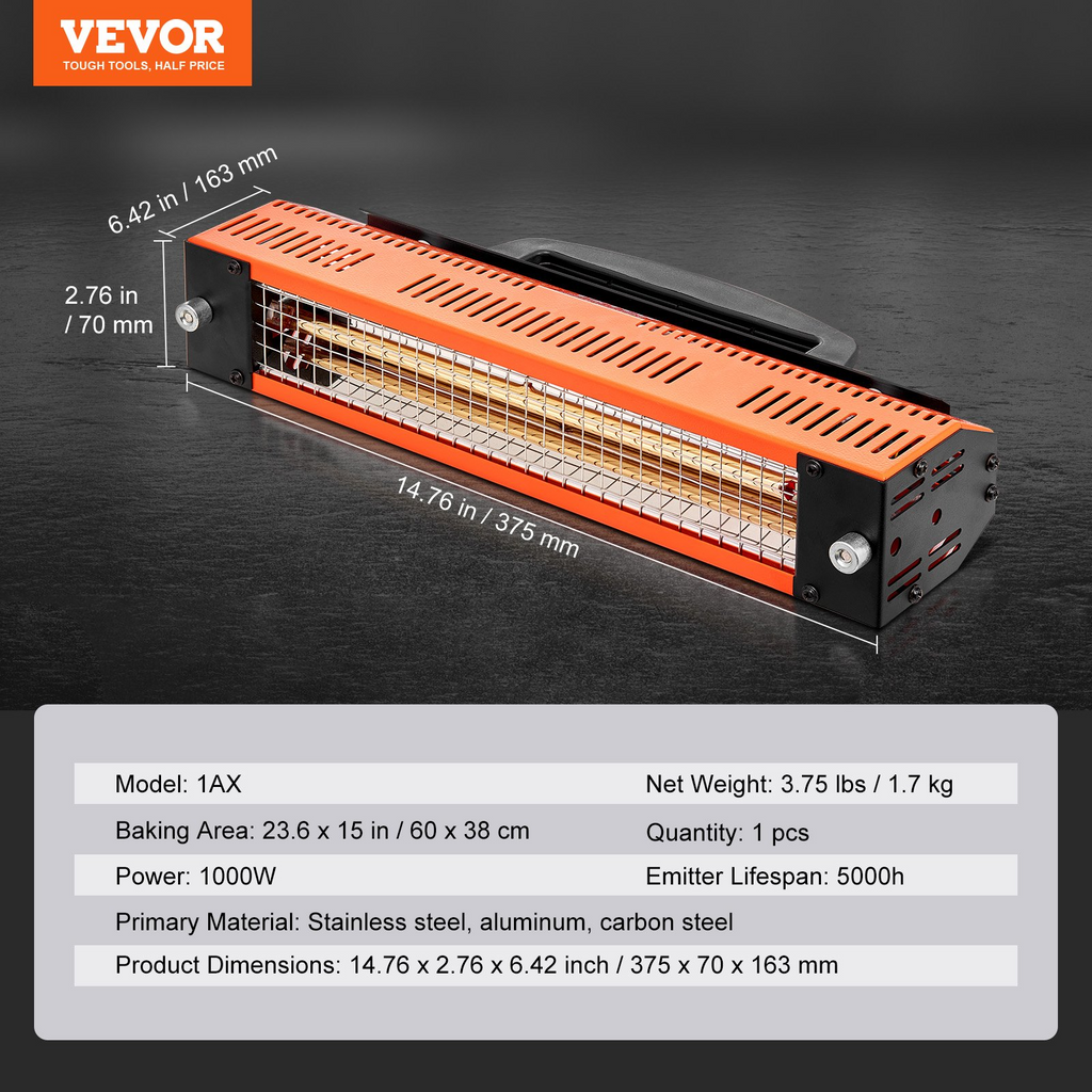 Lámpara de curado por infrarrojos VEVOR 1000 W área de horneado de 2,48 pies cuadrados