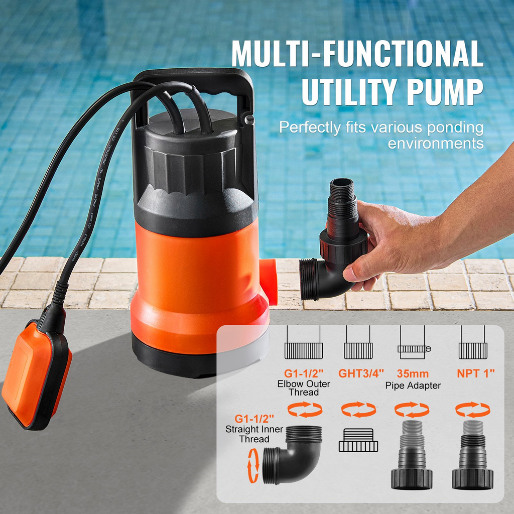 Bomba de uso general VEVOR 1 HP 4000 GPH alto caudal altura 31 pies con cable 10 pies para drenar piscinas estanques sótanos